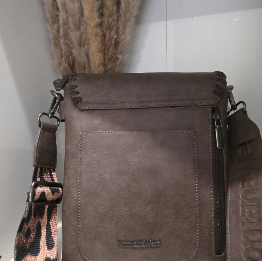 Montana West Brown Messenger Bag with Leopard Accent